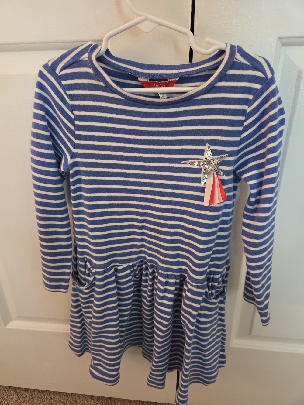 Girls Blue & White Striped Long-Sleeve Dress with Star Accent